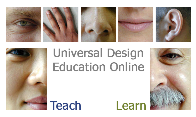 Image representing old UDEO website featuring eye, hand, nose, mouth, ear, male and female face smiling, and text Universal Design Education Online, Teach, Learn